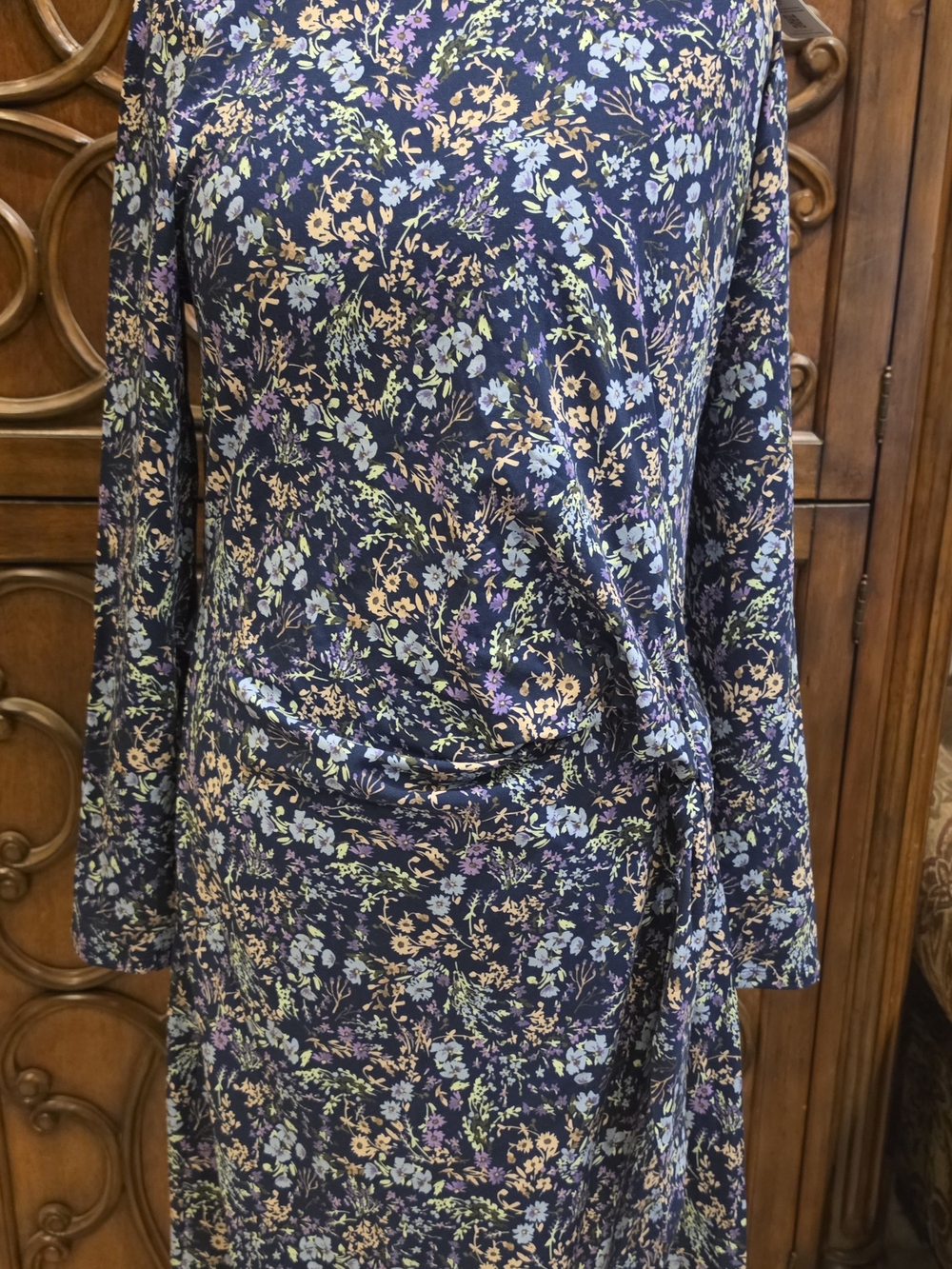 Navy Floral Long-Sleeve Tie-Waist Women's Dress, Lands' End, Large